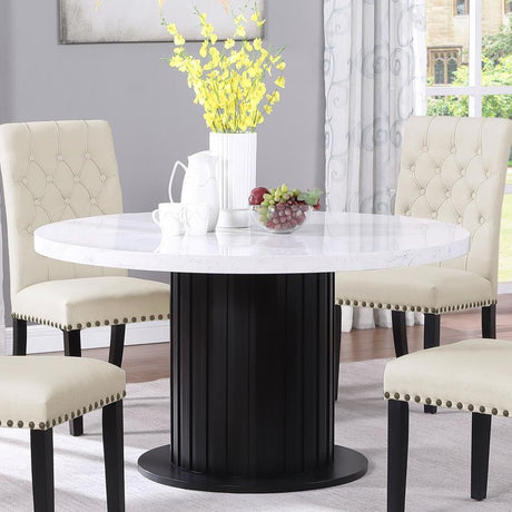 Sherry Round Marble Top Dining Table With Rustic Espresso Pedestal Base - 54-Inch Modern Dining Table For Contemporary Interiors