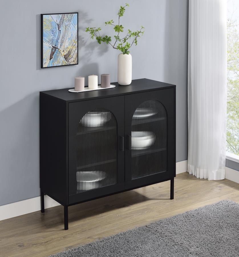 Jess 2-Door Arched Fluted Glass Accent Cabinet – Black Modern Sideboard with Adjustable Shelves, Tempered Glass Doors, and Sleek Metal Legs