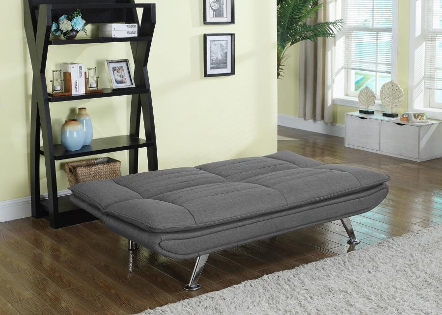 Julian Upholstered Tufted Convertible Sofa Bed with Pillow-Top Seating, Chrome Metal Legs, Grey Woven Fabric, Sinuous Spring Base, Modern Living Room