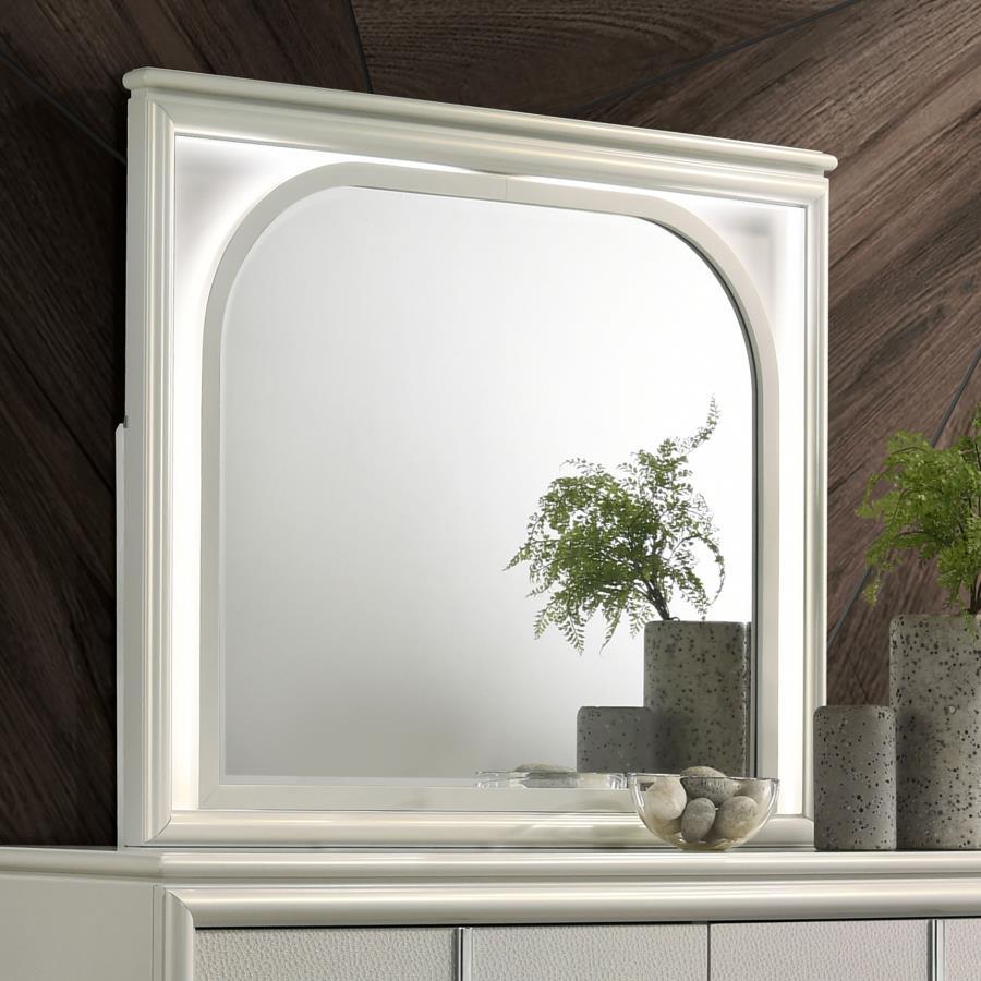 Olivia LED Dresser Mirror – Pearl White Frame, Touch-Activated LED Lighting, Beveled Glass, 44" W x 36" H, Modern Elegant Bedroom Accent