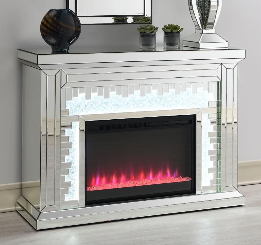 Gilmore Mirrored Freestanding Electric Fireplace – Silver Crystal Accent Modern Fireplace with Beveled Mirror Trim, Mantle, Remote, and Optional Heating