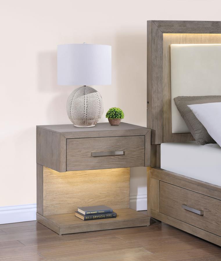 Kenora 1-Drawer Nightstand Bedside Table in Barley Brown – Modern LED Accent Lighting, Open Shelf for Books & Stylish Bedroom Storage