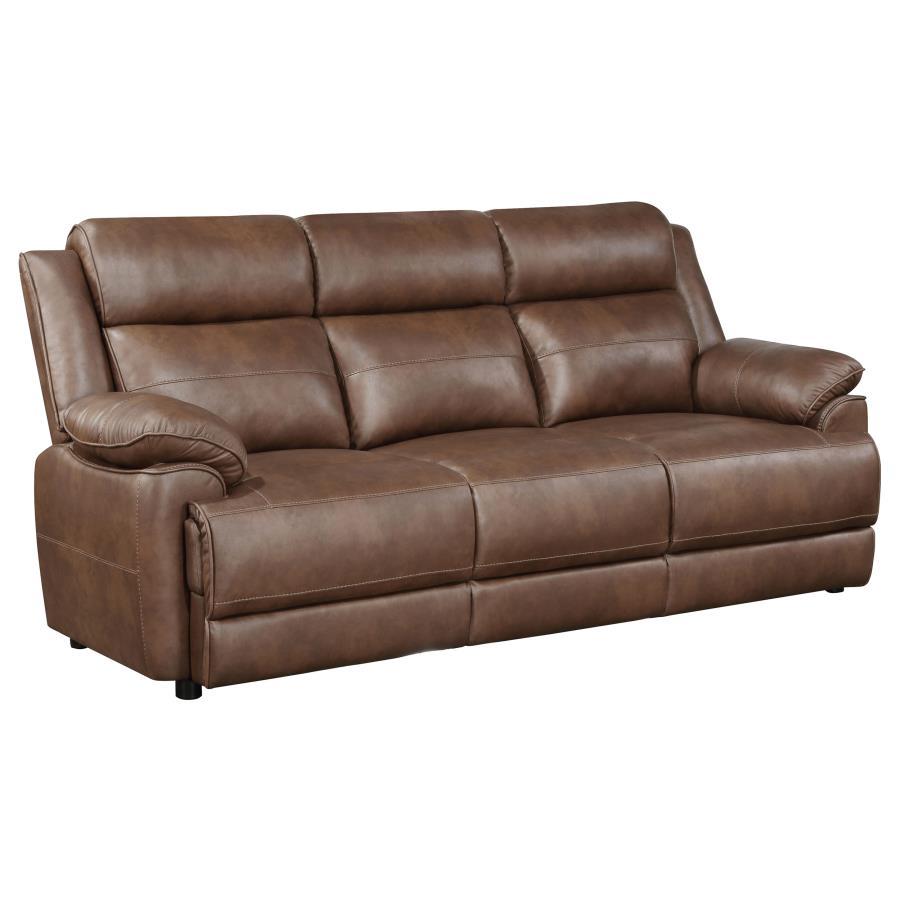 Ellington Upholstered Padded Arm Sofa, Faux Leather, Pillowtop Arms, Pocket Coil Seating, Plush Cushions, Dark Brown, Transitional Living Room Sofa