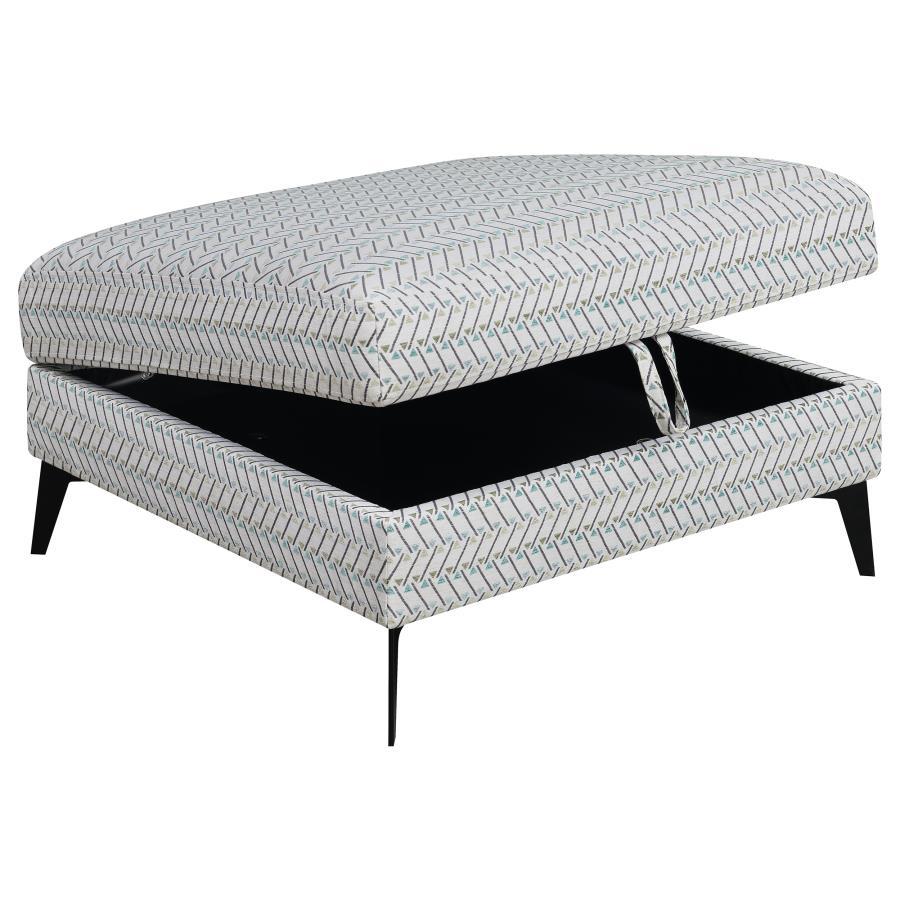 Clint Square Upholstered Tufted Storage Ottoman, Aloe Fabric, Geometric Design, Lift-Top Storage, Black Metal Legs, Modern Living Room Footrest