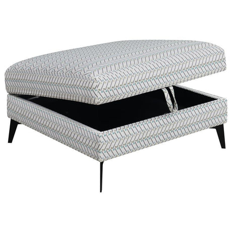 Clint Square Upholstered Tufted Storage Ottoman, Aloe Fabric, Geometric Design, Lift-Top Storage, Black Metal Legs, Modern Living Room Footrest