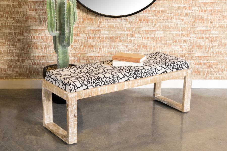 Aiden Fabric Upholstered Accent Bench – Distressed White Mango Wood Frame with Abstract Black and White Cushion, Modern Geometric Design for Entryway or Bedroom