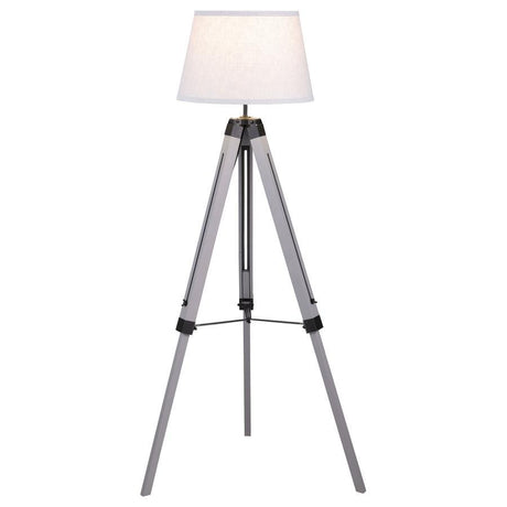 Dayton Empire Shade Metal Tripod Floor Lamp in Gray – Modern Rustic Design with Weathered Wood Legs, White Linen Shade, and Ambient Lighting