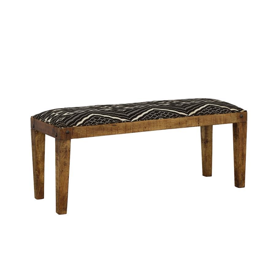 Lamont Fabric Upholstered Accent Bench in Black and Natural – Modern Rustic Mango Wood Frame with Geometric Cushion, Nailhead Detailing & Scandinavian Design