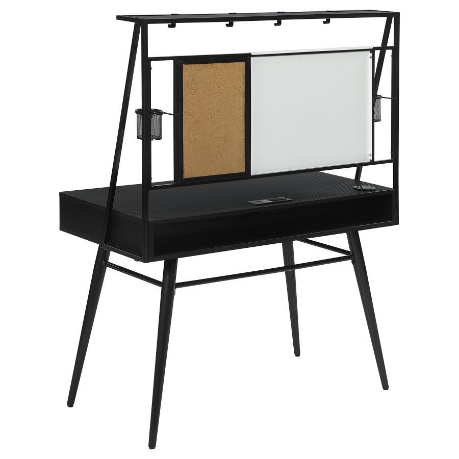 Jessie - Writing Desk with Whiteboard, USB Ports, AC Outlet, Wireless Charger – Modern Black Workspace with Storage Shelves and Organizer Hooks