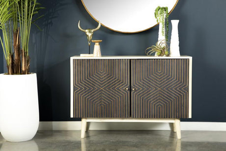 Ixora 2-Door Wood Accent Cabinet – White Washed Mango Wood with Black & Gold Geometric Inlay, Mid-Century Modern Storage for Living Room or Entryway