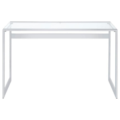 Hartford Glass Top Writing Desk – Modern Chrome Frame, Clear Tempered Glass Work Surface, Sleek Minimalist Design for Home Office, Study, or Commercial Use