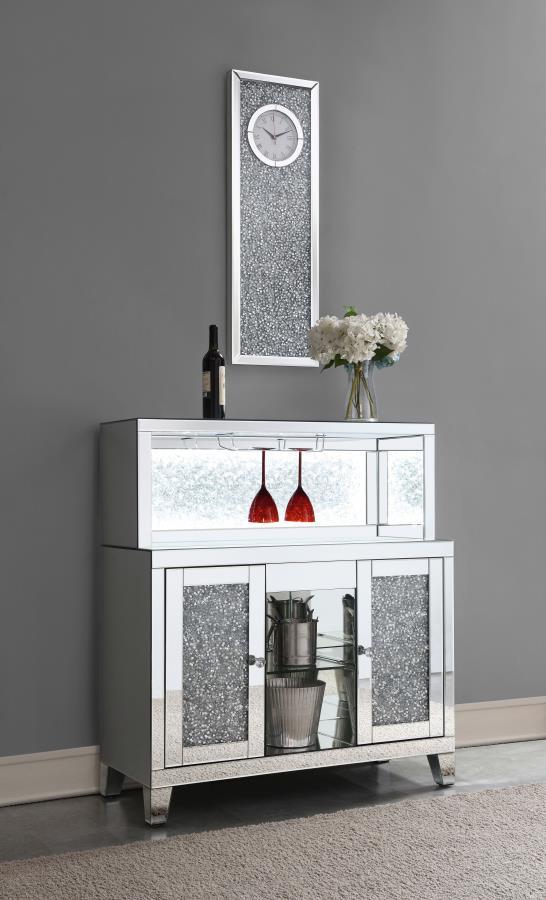 Yvaine 2-Door Mirrored Acrylic Home Bar Wine Cabinet – Silver Finish, Faux Diamond Detailing, Crystal Knobs, Open Back Shelf, Luxury Storage Display