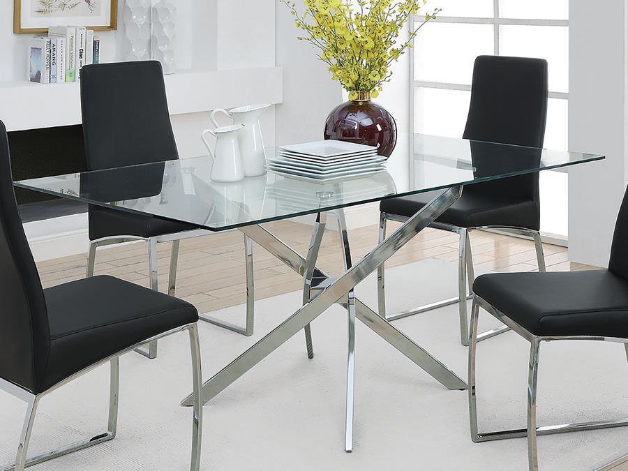 Carmelo Rectangular Glass Top Dining Table – Modern Sculptural Chrome Base with Tempered Glass Surface for Contemporary Kitchens & Dining Rooms