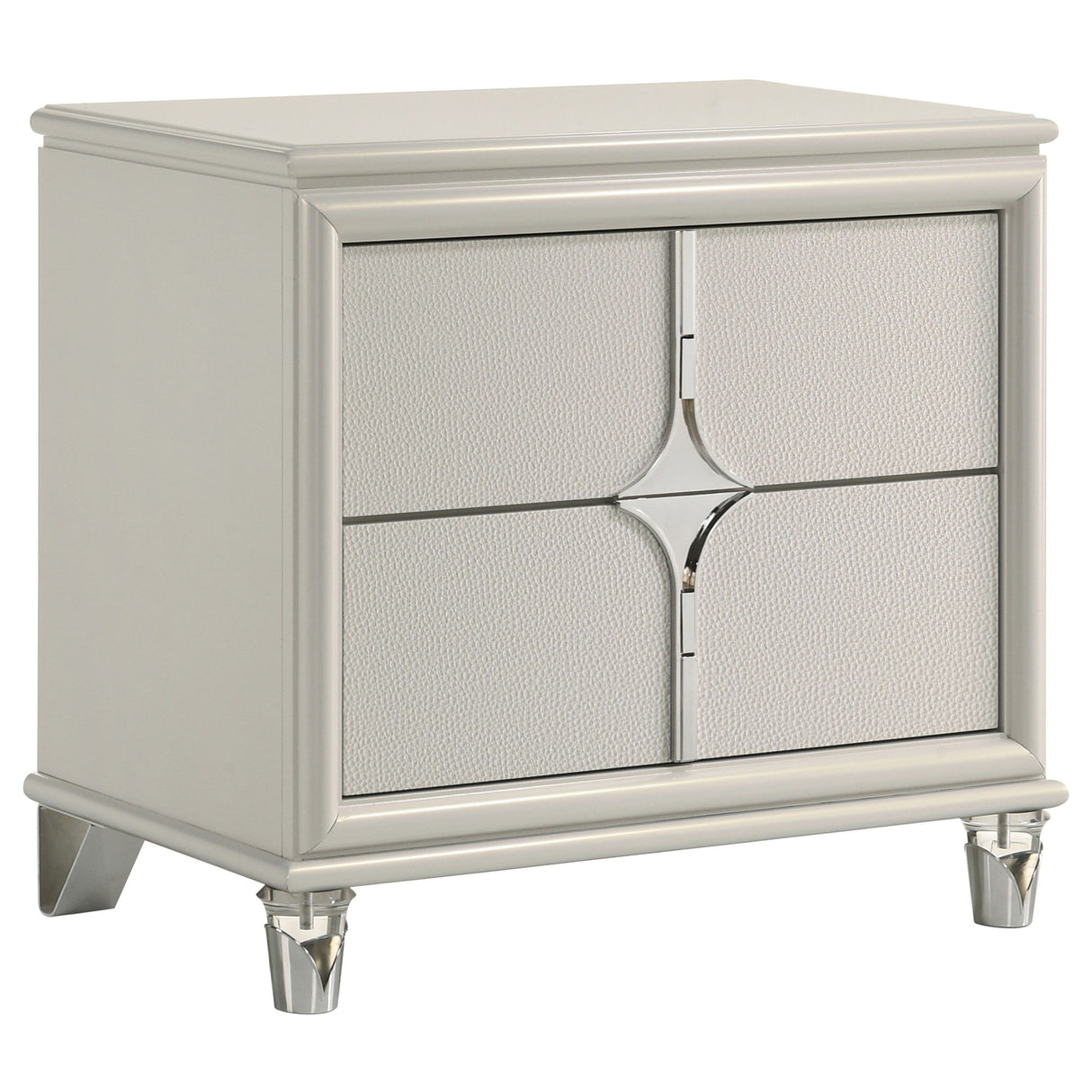 Olivia 2-Drawer Nightstand Bedside Table with Pearl White Finish, Diamond Star Drawer Design, Chrome Pulls, Acrylic Legs, Cord Management Access