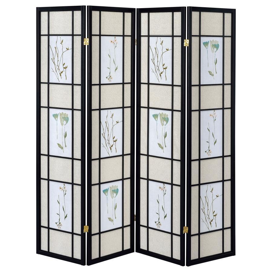 Catabella 4-Panel Room Divider Folding Shoji Screen with Floral Design – Black Frame, Privacy Screen for Bedroom, Living Room, or Office Spaces