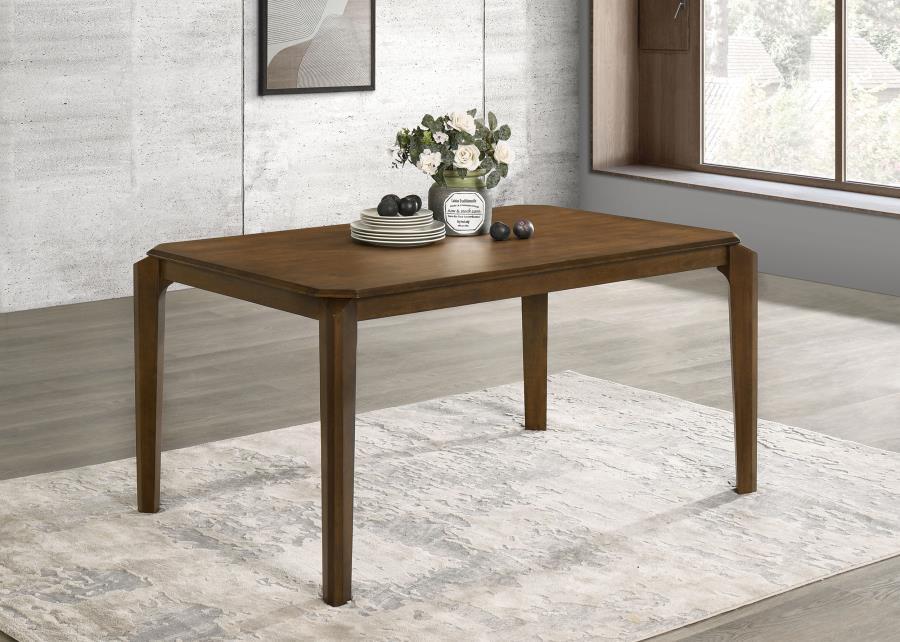 Almonte Rectangular Wood Dining Table in Dark Brown, Modern Asian Hardwood Table with Chamfered Edges, Flared Legs, Recessed Apron, Seats 4–6
