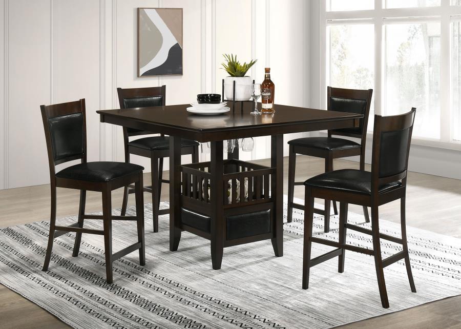 Jaden 5-Piece Square Counter Height Dining Set in Espresso – Table with Built-In Storage, Wine Glass Holder & 4 Upholstered Black Vinyl Stools