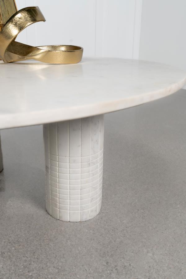 Astoria Round Genuine White Marble Coffee Table – Avant-Garde Design with Triple Cylindrical Pedestal Base