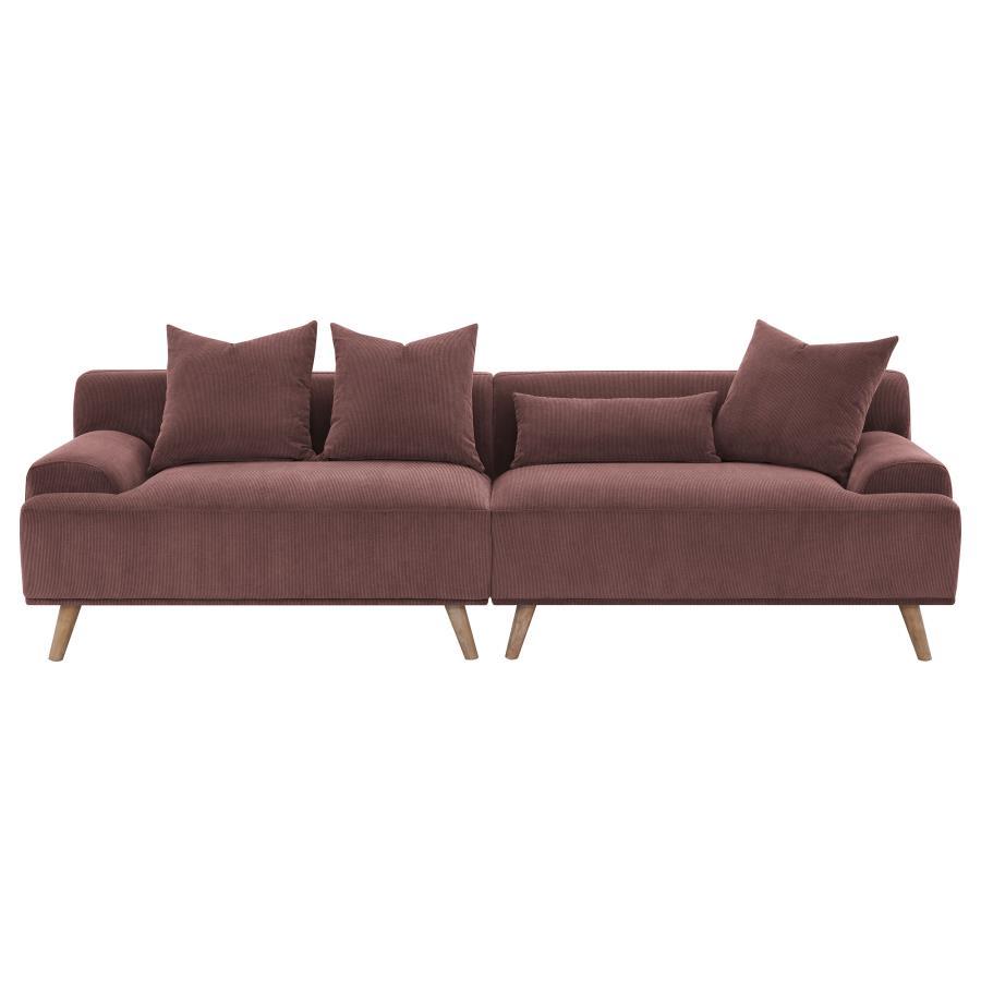 Elizabeth Corduroy Upholstered Extra Long Sofa – Wine Red, Mid-Century Modern Low-Profile Sectional, Includes Foam Cushions and Accent Pillows