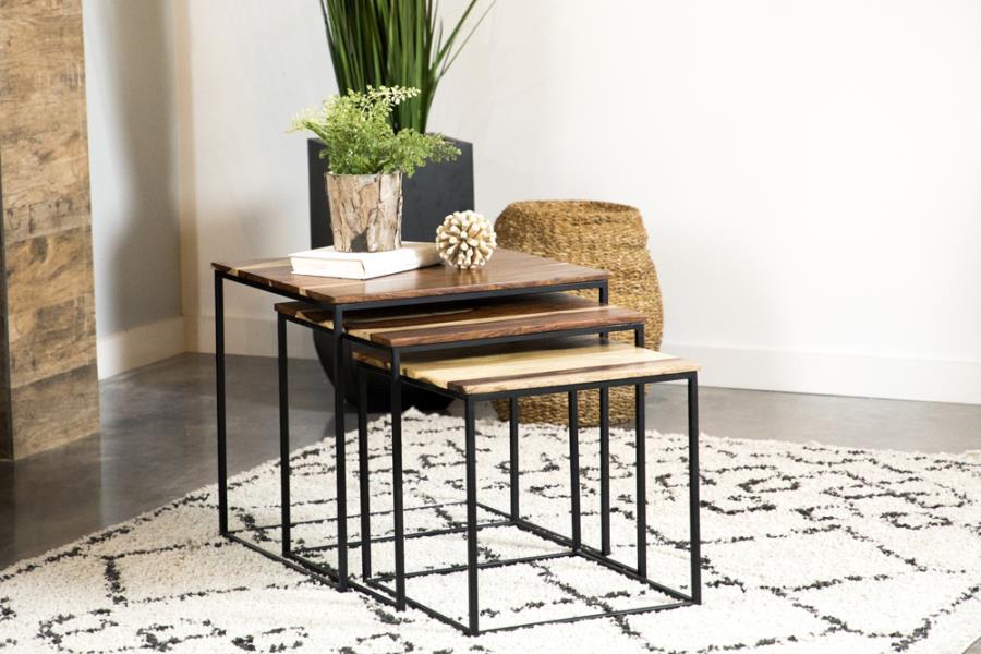 Belcourt 3-Piece Square Nesting Tables – Industrial Rustic Accent Table Set in Natural Sheesham Wood and Black Iron for Living Room or Bedroom