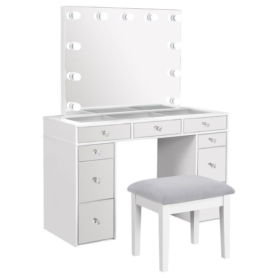 Regina Makeup Vanity Table Set with Lighting – White Finish, 9 Drawers, Mirrored Fronts, Crystal Knobs, Gray Upholstered Stool, Bedroom Vanity