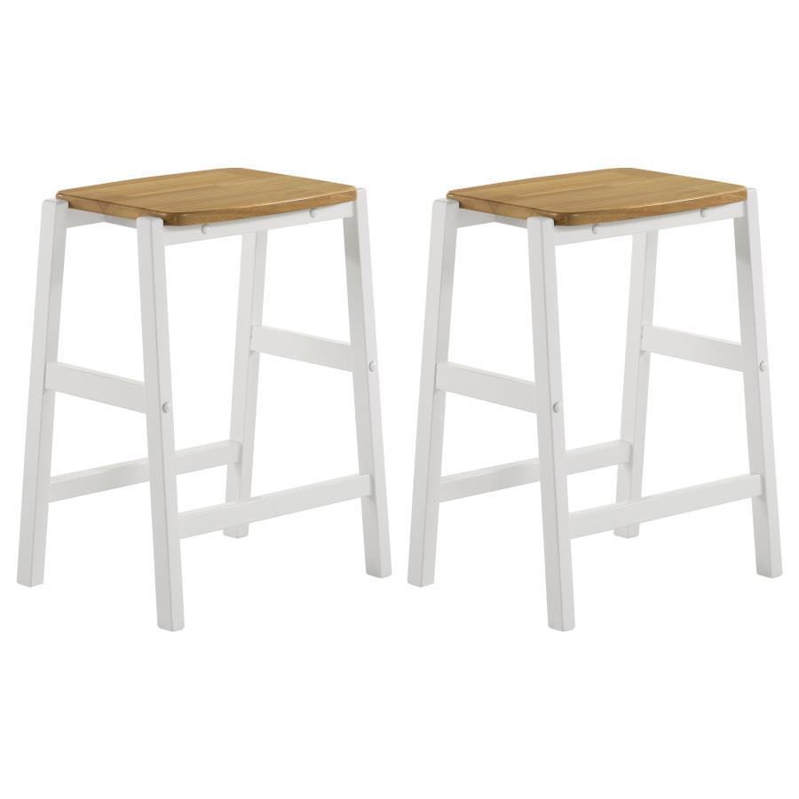Edgeworth Backless Wood Counter Stool Set of 2 in White – Modern Farmhouse Design with Sawhorse Legs, Stretcher Footrest & Casual Seating