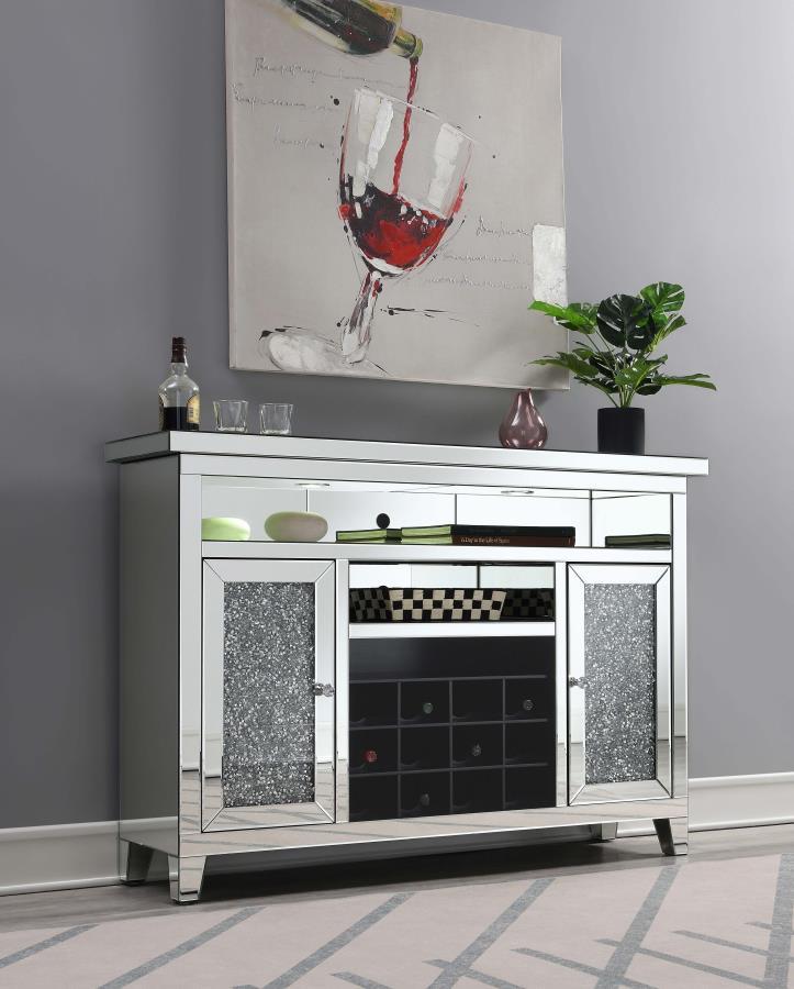 Melinda 2-Door LED Mirrored Wine Storage Bar Cabinet in Silver – Modern Glam Bar Cabinet with 12-Bottle Rack, LED Lighting & Mirrored Design