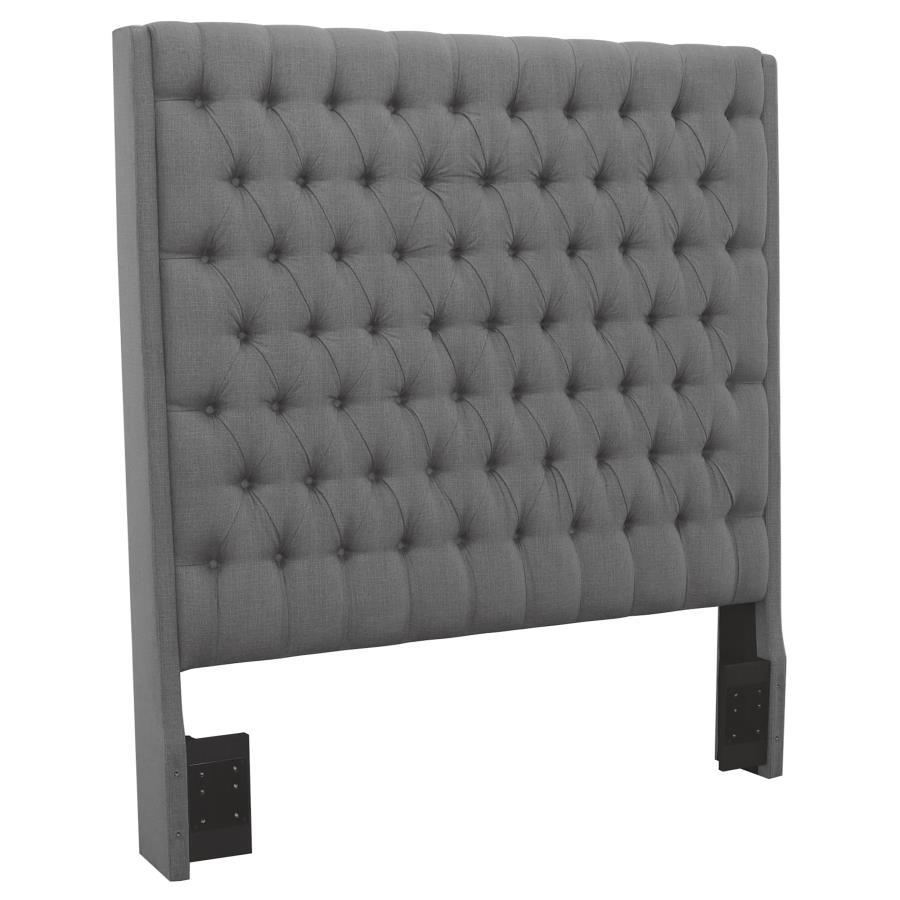Camille Upholstered Queen Panel Headboard in Gray with Button Tufting, Plush Cushioned Fabric, Straight Silhouette for Modern Bedroom Style