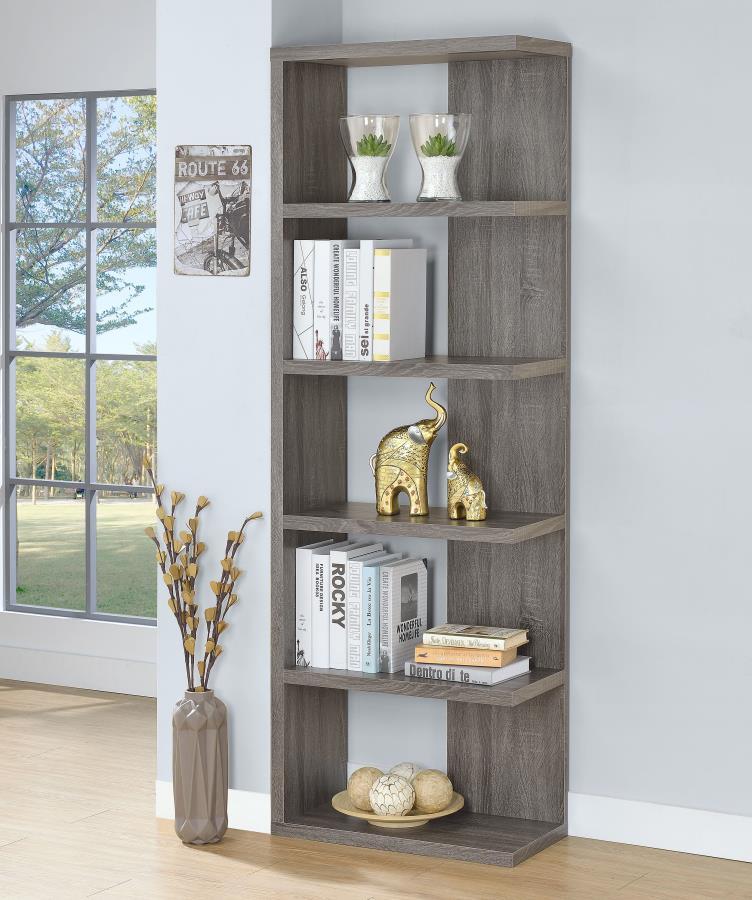 Harrison – 5-Shelf Bookshelf with Weathered Gray Finish, Open and Backed Shelves, Engineered Wood Build, and Modern Storage Display