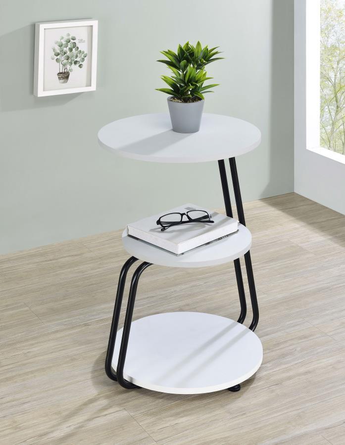 Hilly 3-Tier Round Accent Side Table – White and Black Contemporary End Table with Sturdy Metal Frame, Versatile Shelves, Perfect for Living Room Decor