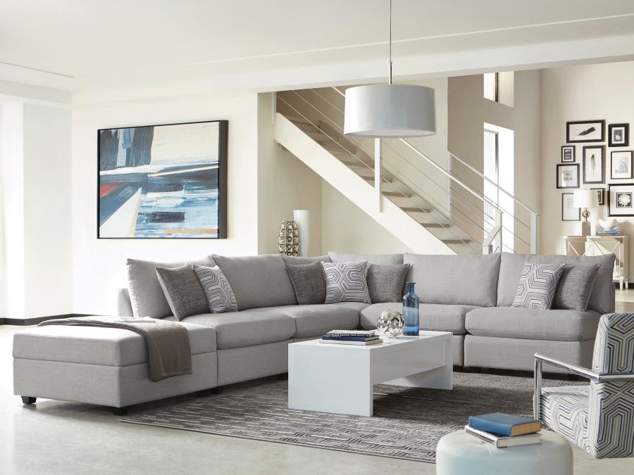 Cambria 4-Piece Modular Sectional Sofa – Gray Upholstered L-Shaped Couch with Armless Chair, Corner Seat, Tapered Block Feet, Accent Pillows