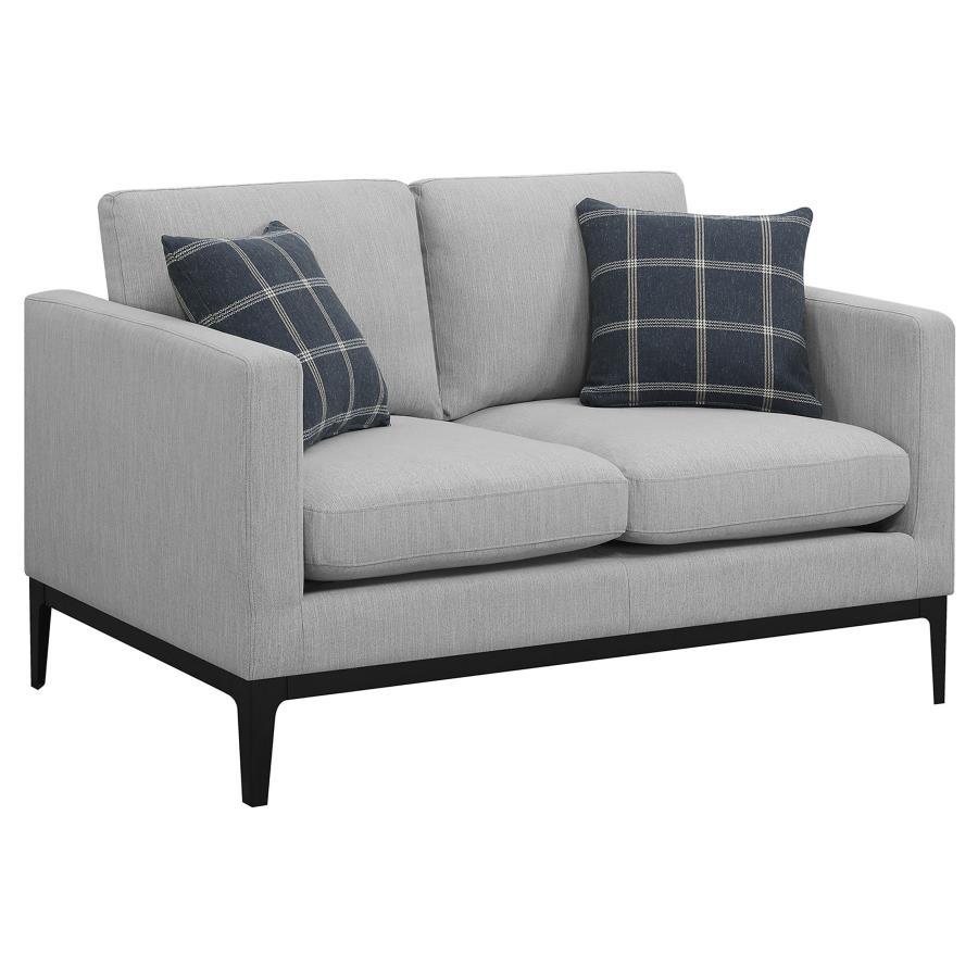 Apperson Upholstered Track Arm Loveseat – Light Gray Casual Comfort with Plaid Accent Pillows – Modern Living Room Furniture