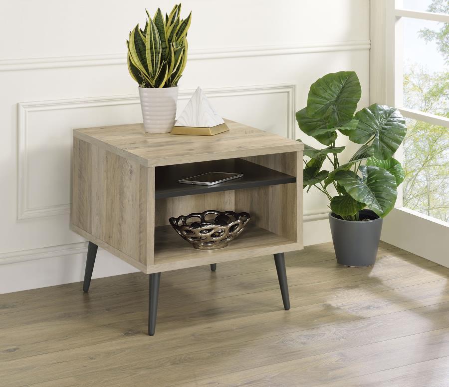 Welsh Square Engineered Wood End Table with Antique Distressed Pine Finish, Retro-Inspired Design, Gray Shelf, Tapered Rounded Rubberwood Legs