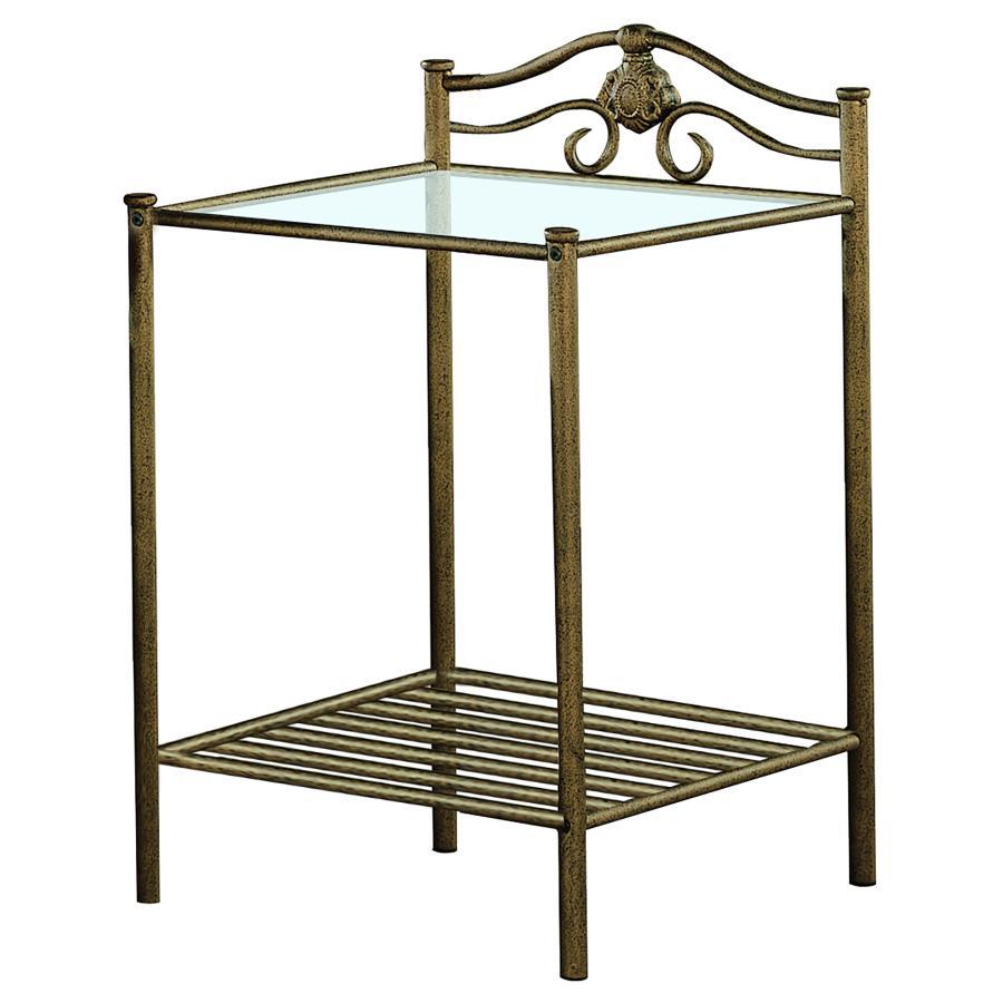 Sydney Metal 2-Shelf Nightstand – Antique Brushed Gold Finish, Tempered Glass Top, Vintage-Inspired Swirling Motifs, Bedroom or Accent Table
