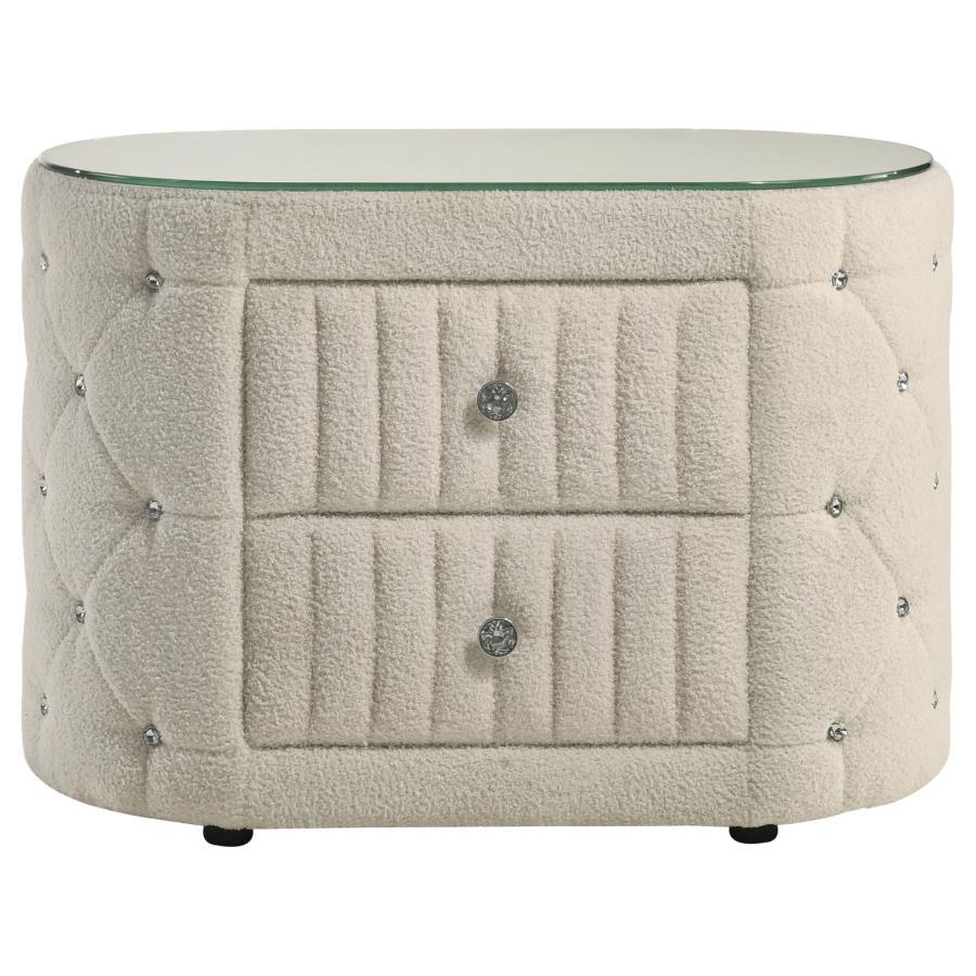 Sonya 2-Drawer Upholstered Nightstand Bedside Table in Ivory Bouclé with Acrylic Tufted Buttons, Tempered Glass Top, Plush Fabric, and Modern Design