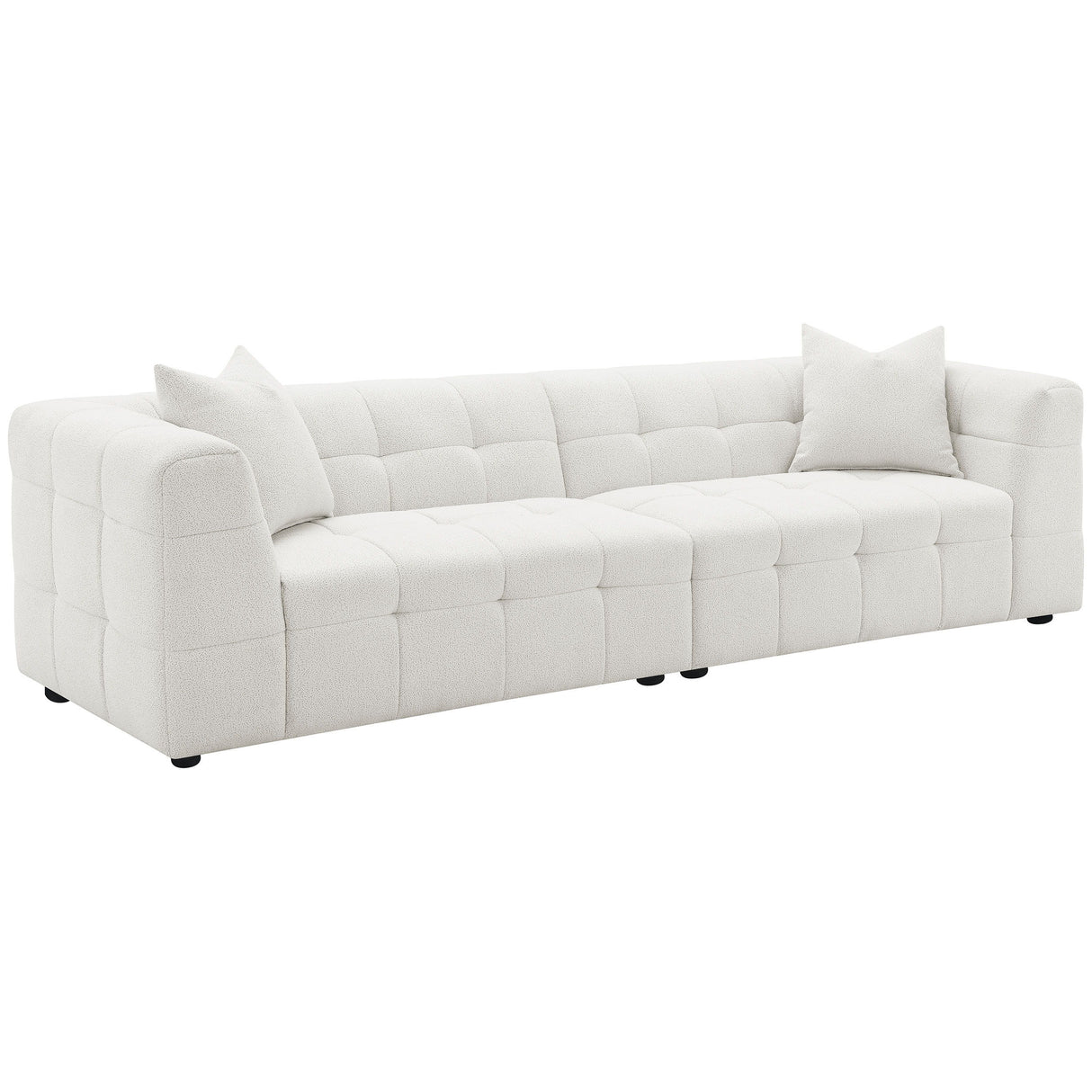 Everly Boucle Upholstered Extra Long Sofa in White – 114-Inch Plush XL Sofa with Grid Tufting, Decorative Pillows, and Stylish Modern Design