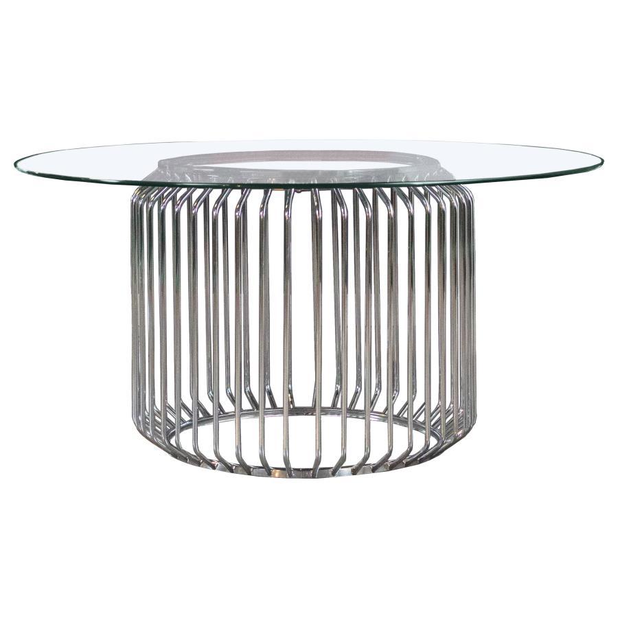 Veena 5 Piece Round Dining Table Set – 60" Clear Tempered Glass Top with Chrome Metal Base, Includes 4 Green Velvet Swivel Chairs, Art Deco Style