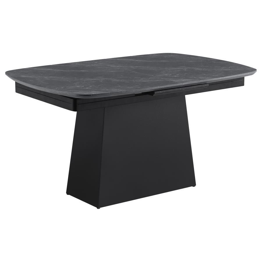 Potero Faux Marble Extension Leaf Dining Table – Black with 15.75-Inch Self-Storing Leaf, Trapezoid Base, Modern Design for Contemporary Dining Rooms