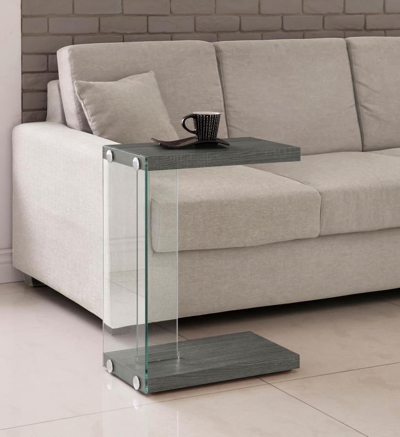 Colby C-Shaped Side Table in Weathered Gray – Engineered Wood and Tempered Glass Accent Table for Living Room, Sofa, Laptop, or End Table
