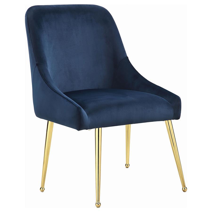 Kella 5-Piece Round Marble Dining Set – White Marble Top with Brass Base, Blue Mid-Century Modern Chairs with Gold Legs, Plush Cushions
