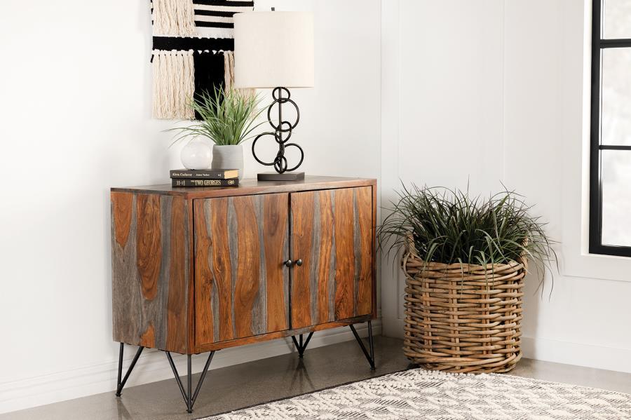 Macon 2-Door Sheesham Wood Accent Cabinet – Gray Storage Cabinet with Gunmetal Iron Legs, Rustic Industrial Style for Living Room or Entryway