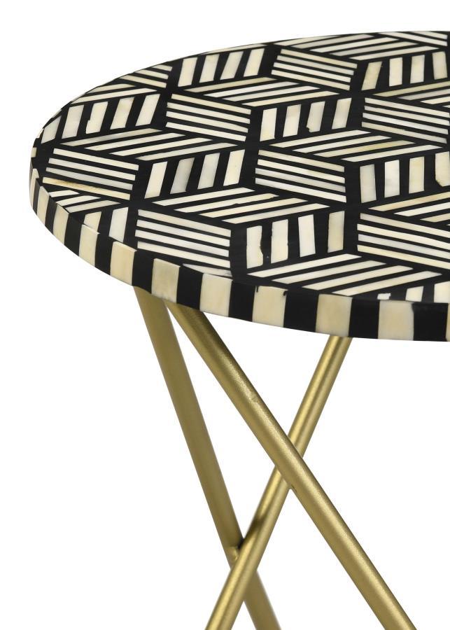 Xenia Round Bone Inlay Accent Side Table with White and Black Mosaic Top and Gold Metal Butterfly Hairpin Base, Modern Chic Living Room Table