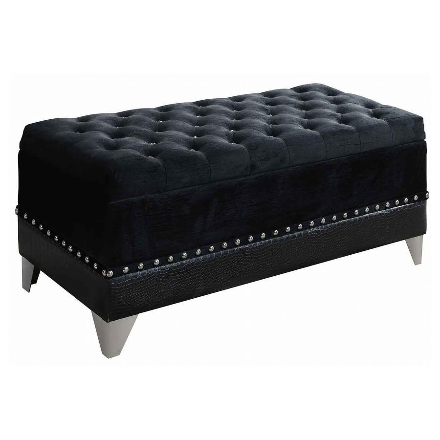 Barzini Velvet Upholstered Tufted Storage Bench – Black, Button-Tufted Top, Silvery Nailhead Trim, Metallic Legs, Stylish Modern Storage Trunk