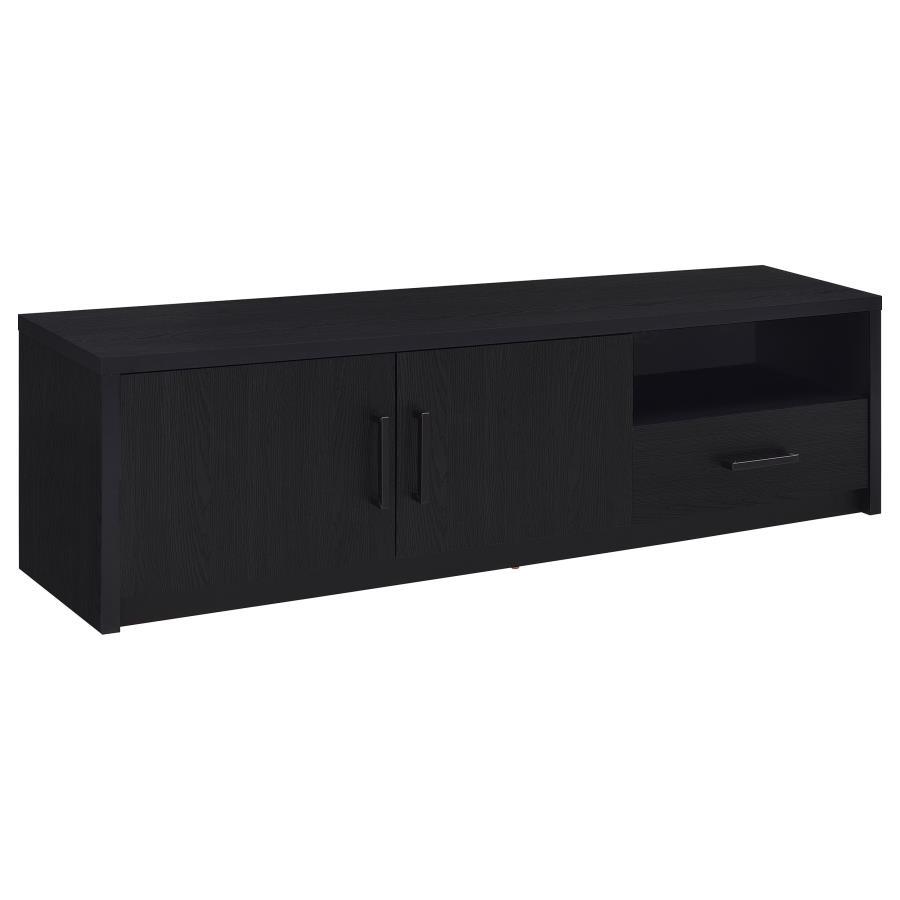 Murray 70" 2-Door TV Stand Media Console in Black with Scratch-Resistant Laminate, Open Cubby, Drawer Storage, and Sleek Modern Design