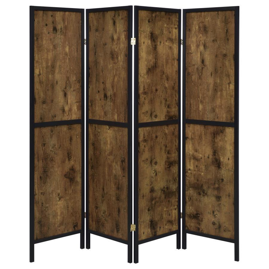 Deepika 4-Panel Room Divider Folding Screen – Rustic Nutmeg Wood with Exposed Grain, Metallic Hinges, Adjustable Privacy Partition for Living Spaces