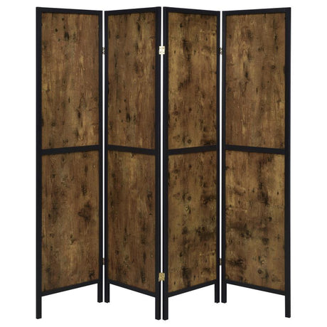 Deepika 4-Panel Room Divider Folding Screen – Rustic Nutmeg Wood with Exposed Grain, Metallic Hinges, Adjustable Privacy Partition for Living Spaces