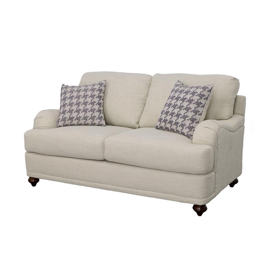 Glenn - Upholstered English Arm Loveseat – Light Gray and Blue with Reversible T-Cushions, Espresso Turned Legs & Houndstooth Accent Pillows