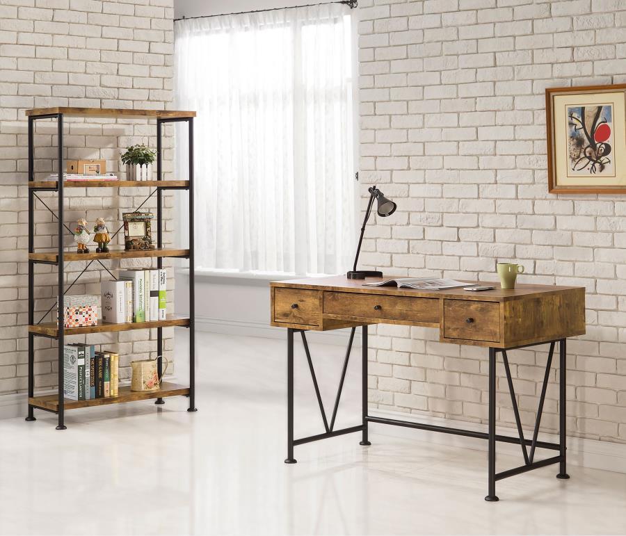Analiese 2-Piece Computer Desk and Bookcase Set – Rustic Nutmeg Finish with Black Metal Frame, 3-Drawer Desk and 4-Shelf Bookshelf for Home Office