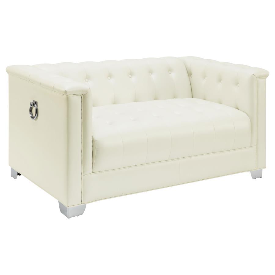 Chaviano Pearl White Upholstered Track Arm Loveseat with Chrome Accents, Deep Tufted Leatherette, Modern Glam Living Room Sofa, Stylish Compact Seating