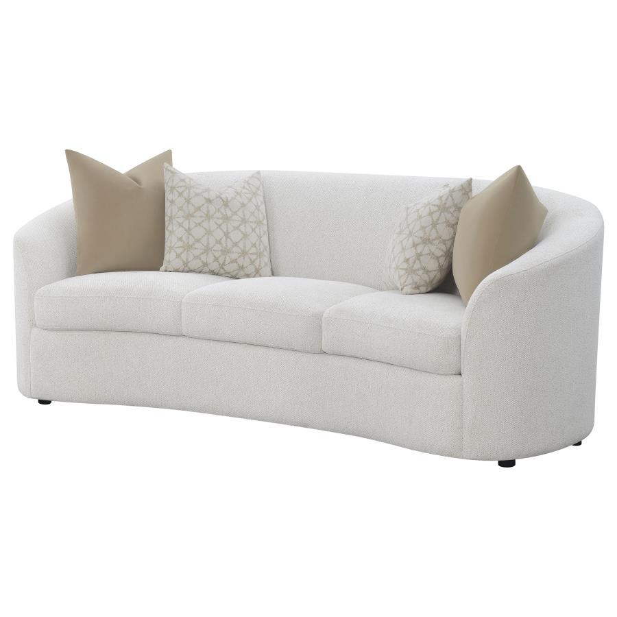 Rainn Boucle Upholstered Sloped Arm Sofa – Latte, Contemporary Curved Design, Plush Cushions, Faux Down Pillows, Comfortable Modern Living Room